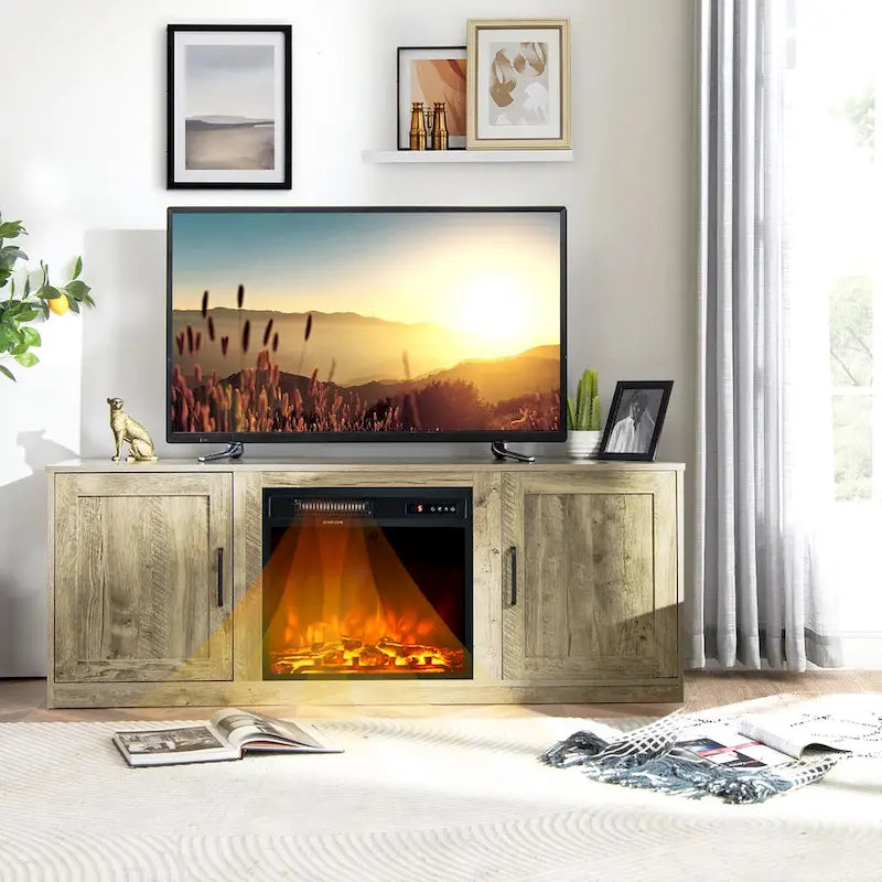 Natural 58" TV Stand with 18" Electric Fireplace Insert, Fits TVs up to 65"