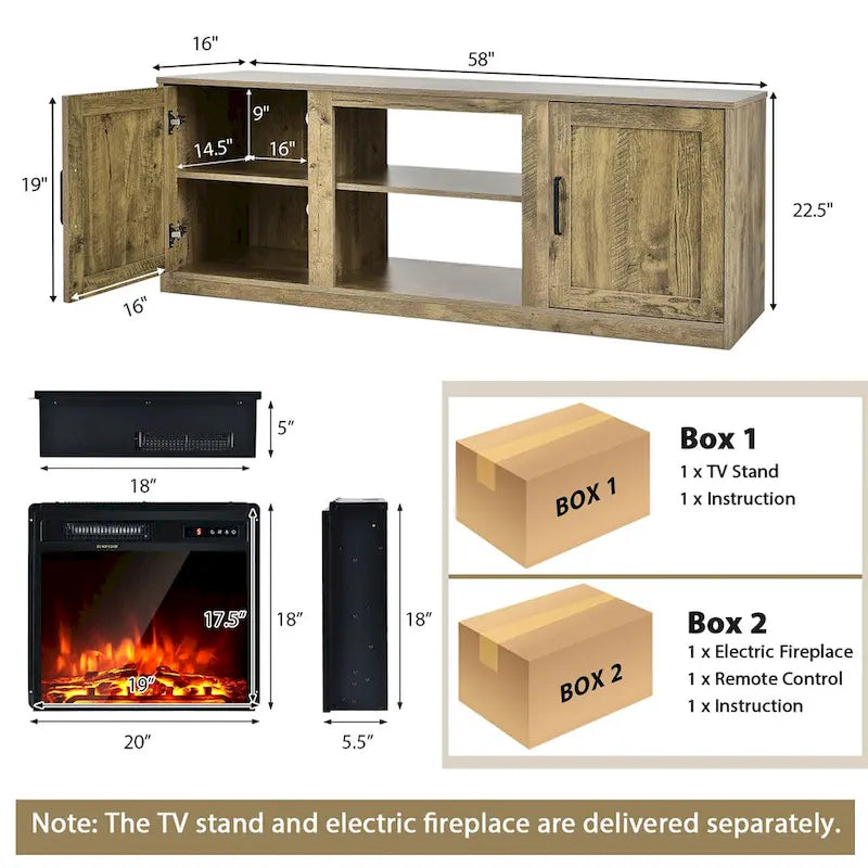 Natural 58" TV Stand with 18" Electric Fireplace Insert, Fits TVs up to 65"