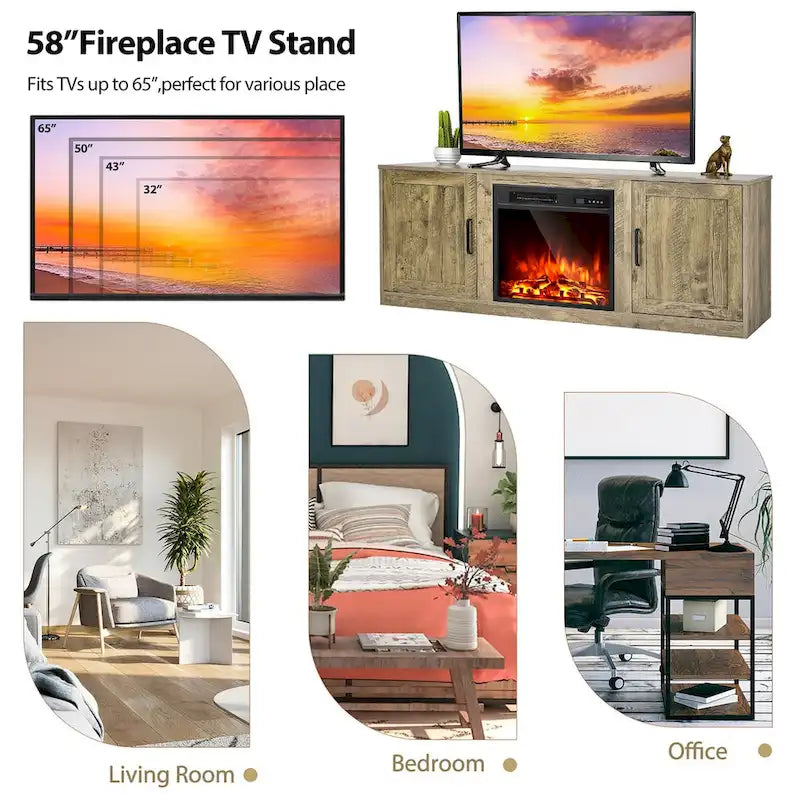 Natural 58" TV Stand with 18" Electric Fireplace Insert, Fits TVs up to 65"