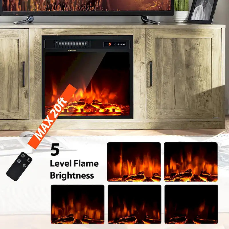 Natural 58" TV Stand with 18" Electric Fireplace Insert, Fits TVs up to 65"