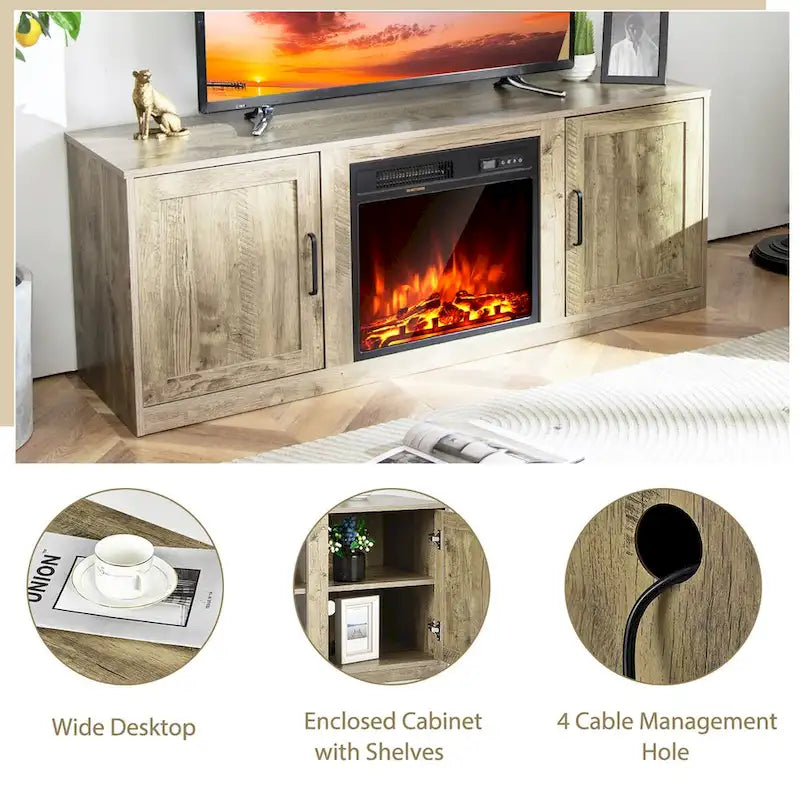 Natural 58" TV Stand with 18" Electric Fireplace Insert, Fits TVs up to 65"