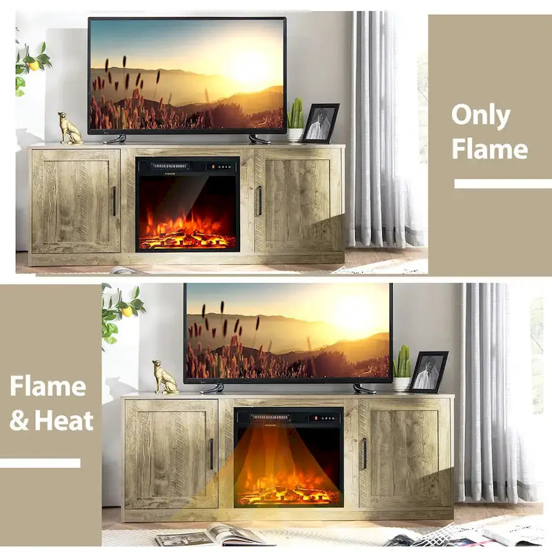 Natural 58" TV Stand with 18" Electric Fireplace Insert, Fits TVs up to 65"