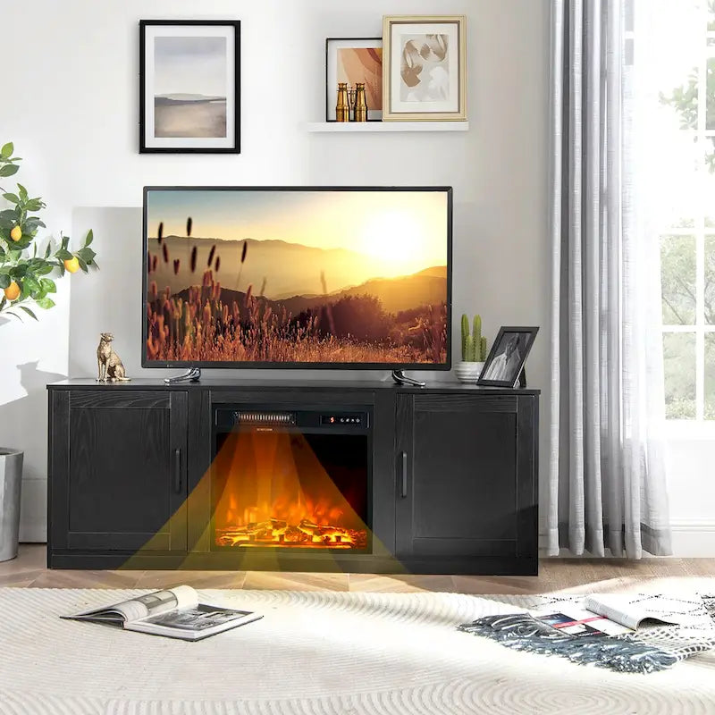 Natural 58" TV Stand with 18" Electric Fireplace Insert, Fits TVs up to 65"