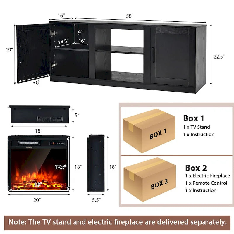 Natural 58" TV Stand with 18" Electric Fireplace Insert, Fits TVs up to 65"