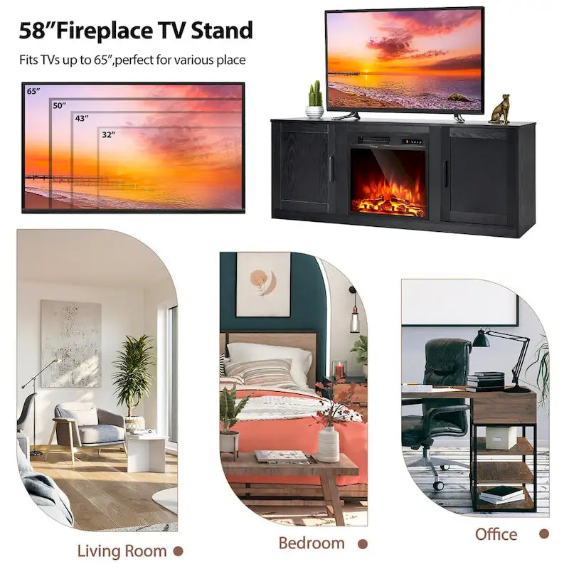 Natural 58" TV Stand with 18" Electric Fireplace Insert, Fits TVs up to 65"