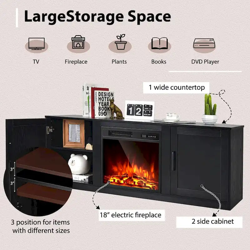 Natural 58" TV Stand with 18" Electric Fireplace Insert, Fits TVs up to 65"
