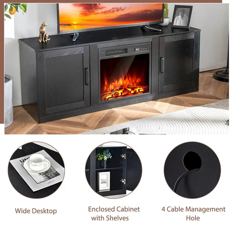 Natural 58" TV Stand with 18" Electric Fireplace Insert, Fits TVs up to 65"