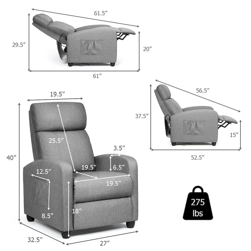 Brown / Black / Grey Fabric Recliner Massage Chair, Single Seat, 3-Position Adjustable