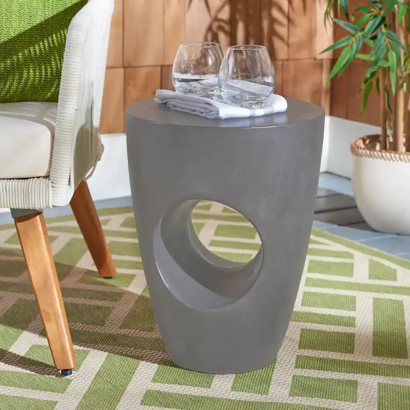 Ivory / Dark Grey Concrete Round Accent Side Table, Indoor & Outdoor