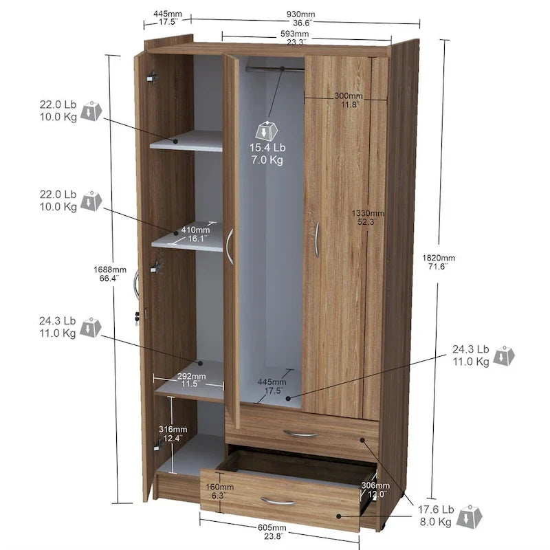 Amaretto Oak/White 1-Person Armoire Wardrobe with Garment Bar & Shelves