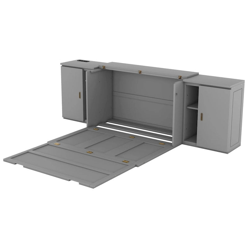 Grey / White Full Size Murphy Bed with Shelves, 1-Person, Wall Fold-Down Style