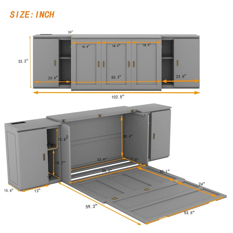 Grey / White Full Size Murphy Bed with Shelves, 1-Person, Wall Fold-Down Style