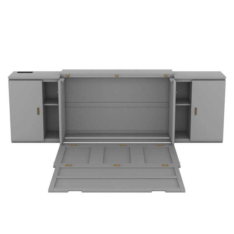 Grey / White Full Size Murphy Bed with Shelves, 1-Person, Wall Fold-Down Style