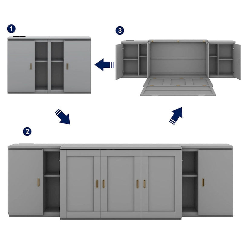 Grey / White Full Size Murphy Bed with Shelves, 1-Person, Wall Fold-Down Style