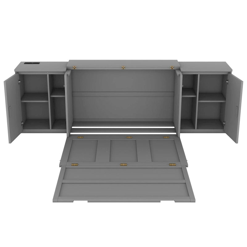 Grey / White Full Size Murphy Bed with Shelves, 1-Person, Wall Fold-Down Style