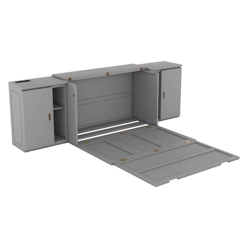 Grey / White Full Size Murphy Bed with Shelves, 1-Person, Wall Fold-Down Style