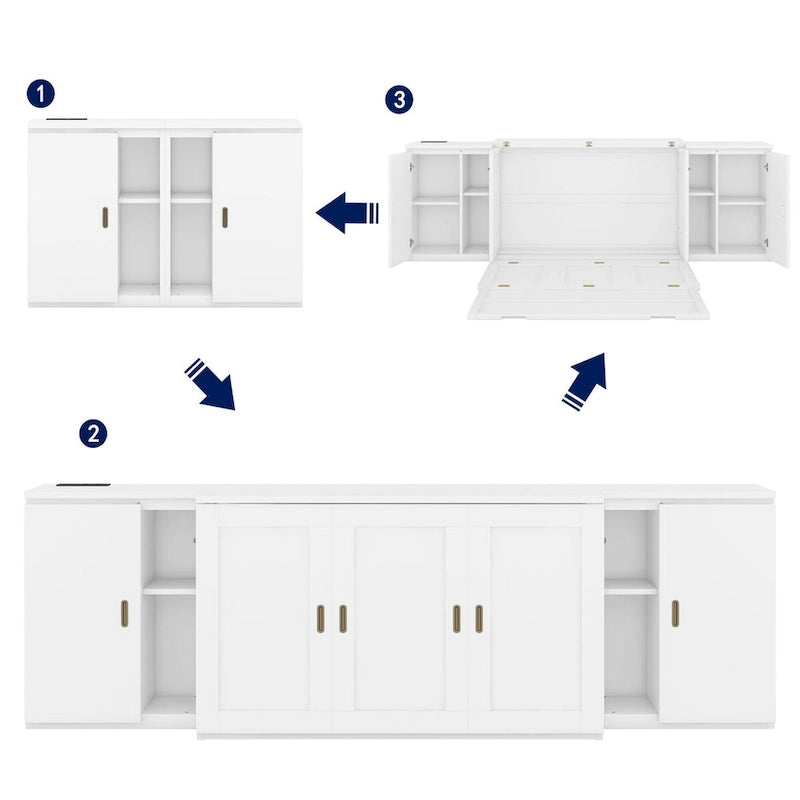 Grey / White Full Size Murphy Bed with Shelves, 1-Person, Wall Fold-Down Style