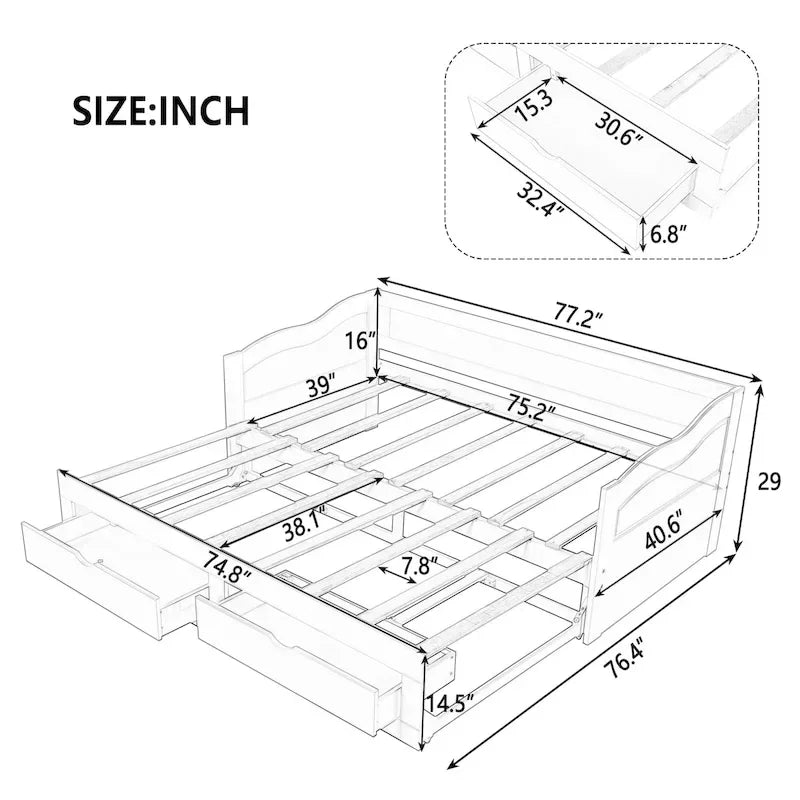 Gray/Espresso/White Wood Daybed with Trundle & 2 Drawers, Twin to King, Sleeps 1–2