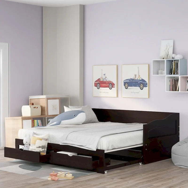 Gray/Espresso/White Wood Daybed with Trundle & 2 Drawers, Twin to King, Sleeps 1–2