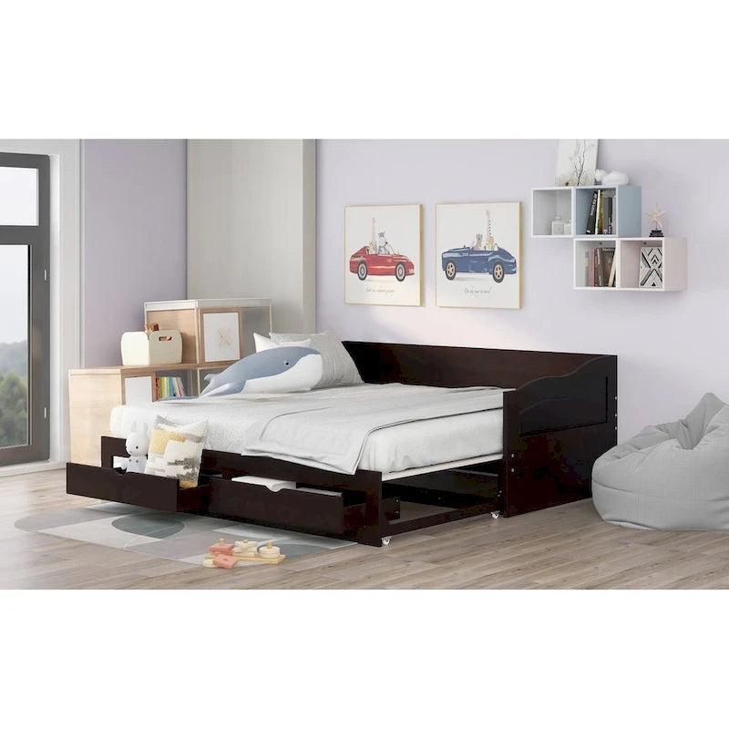 Gray/Espresso/White Wood Daybed with Trundle & 2 Drawers, Twin to King, Sleeps 1–2
