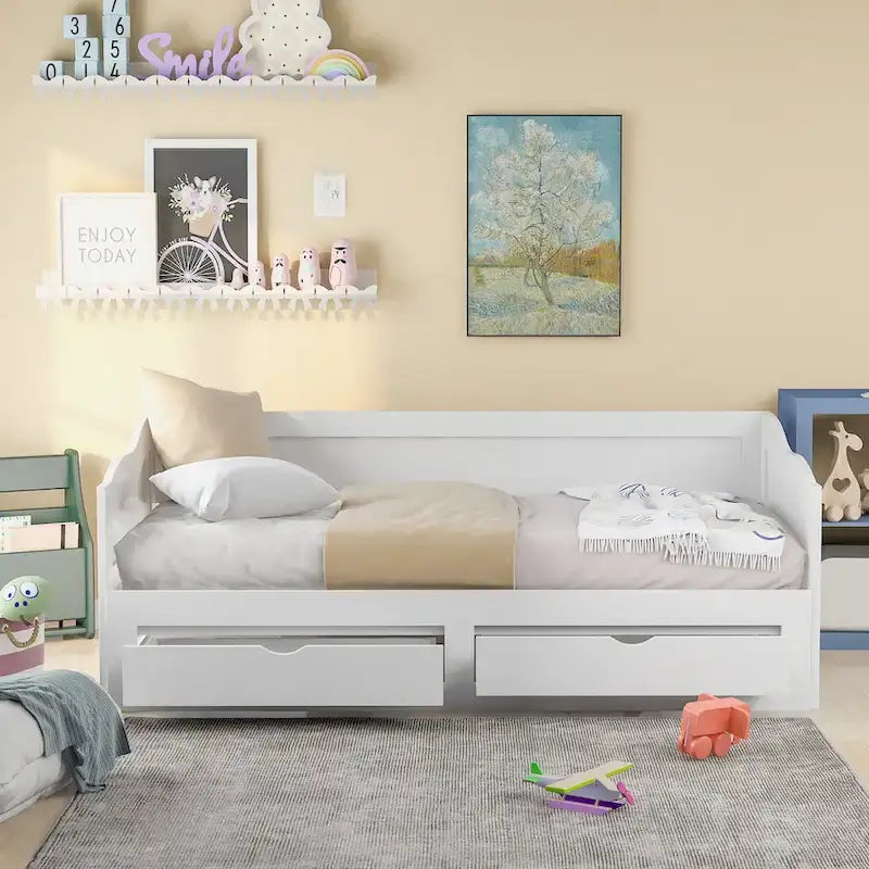Gray/Espresso/White Wood Daybed with Trundle & 2 Drawers, Twin to King, Sleeps 1–2
