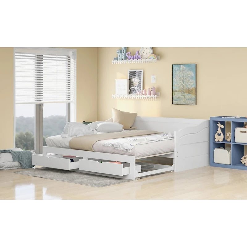 Lit de repos en bois gris/espresso/blanc avec lit gigogne et 2 tiroirs, de taille simple à très grand, pour 1 à 2 personnes