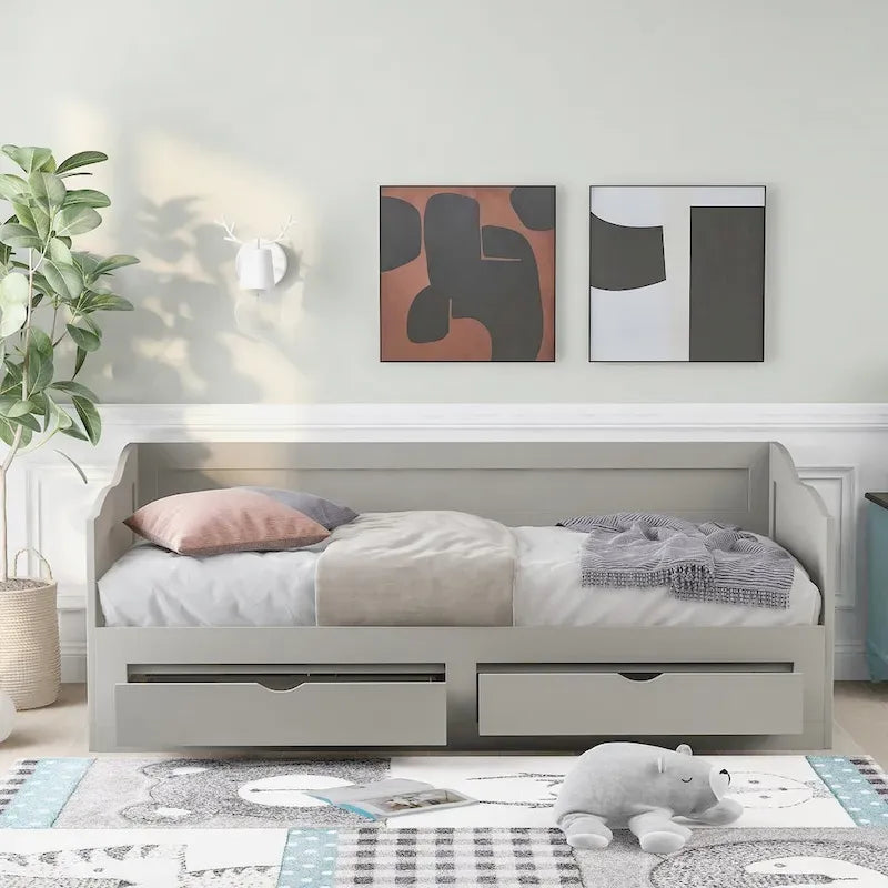 Lit de repos en bois gris/espresso/blanc avec lit gigogne et 2 tiroirs, de taille simple à très grand, pour 1 à 2 personnes