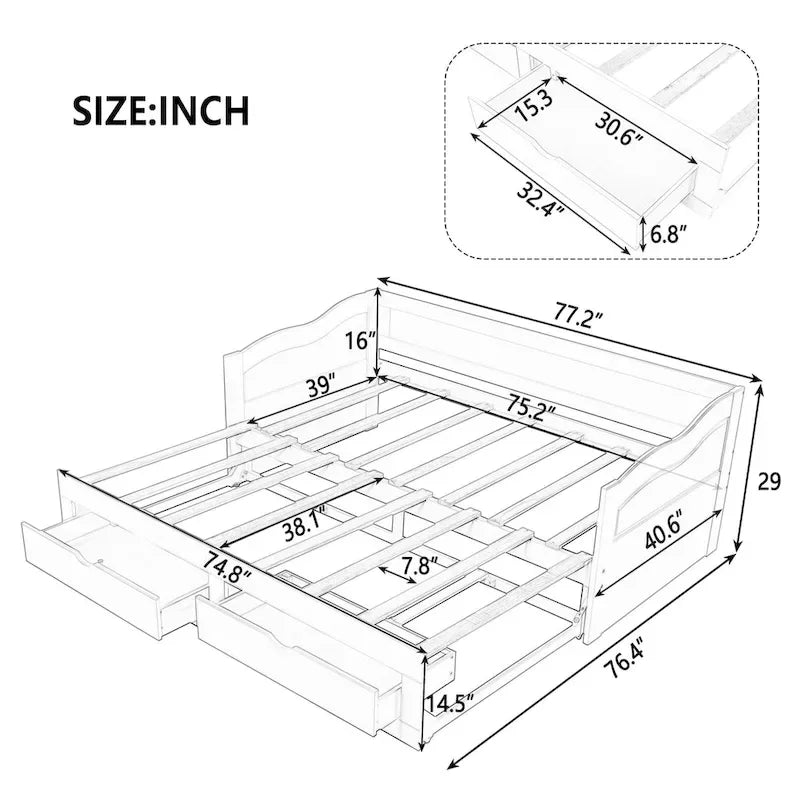 Lit de repos en bois gris/espresso/blanc avec lit gigogne et 2 tiroirs, de taille simple à très grand, pour 1 à 2 personnes