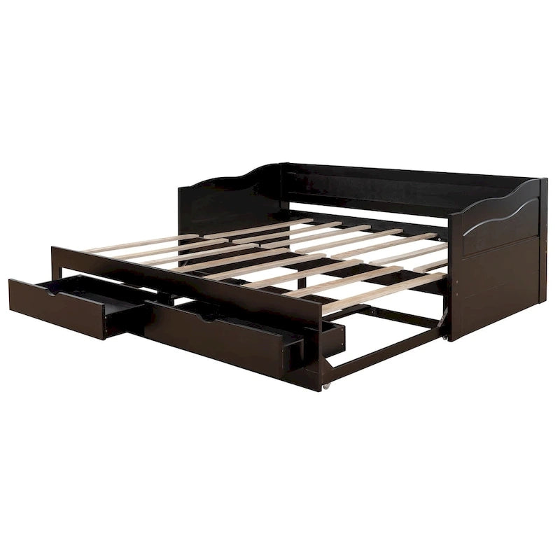 Lit de repos en bois gris/espresso/blanc avec lit gigogne et 2 tiroirs, de taille simple à très grand, pour 1 à 2 personnes