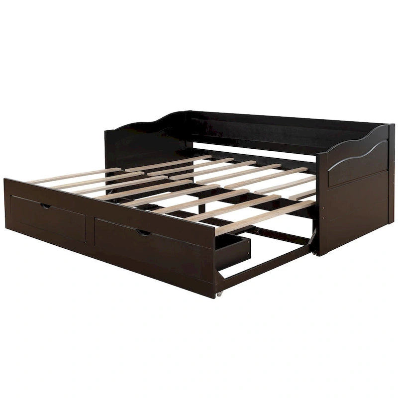 Lit de repos en bois gris/espresso/blanc avec lit gigogne et 2 tiroirs, de taille simple à très grand, pour 1 à 2 personnes