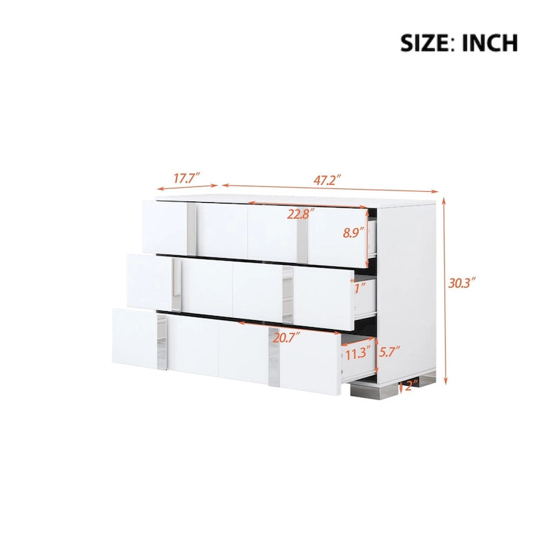 White/Grey 6-Drawer Dresser with Mirror Legs, Single
