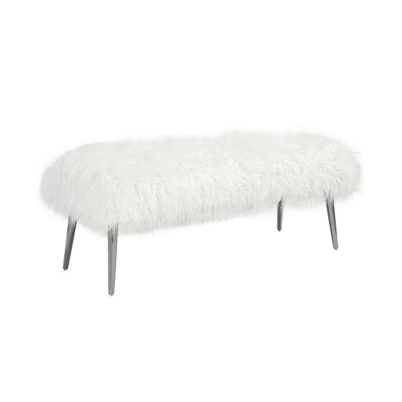 Banc en fausse fourrure blanche de 114 cm avec pieds en métal argenté, 1 place