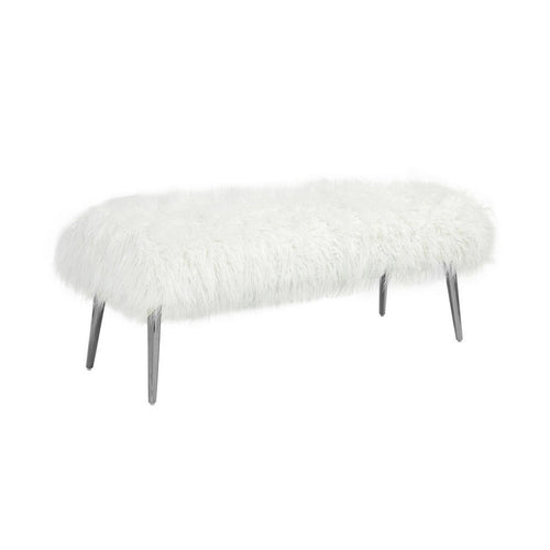 45" White Faux Fur Bench with Silver Metal Legs, Seats 1