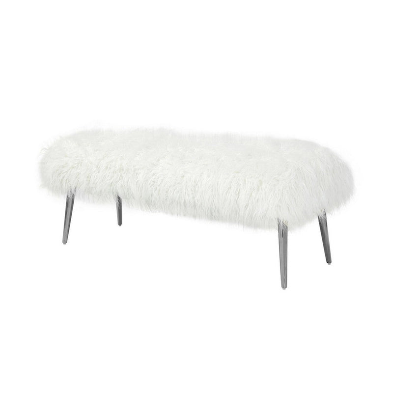 Banc en fausse fourrure blanche de 114 cm avec pieds en métal argenté, 1 place