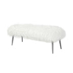 Banc en fausse fourrure blanche de 114 cm avec pieds en métal argenté, 1 place