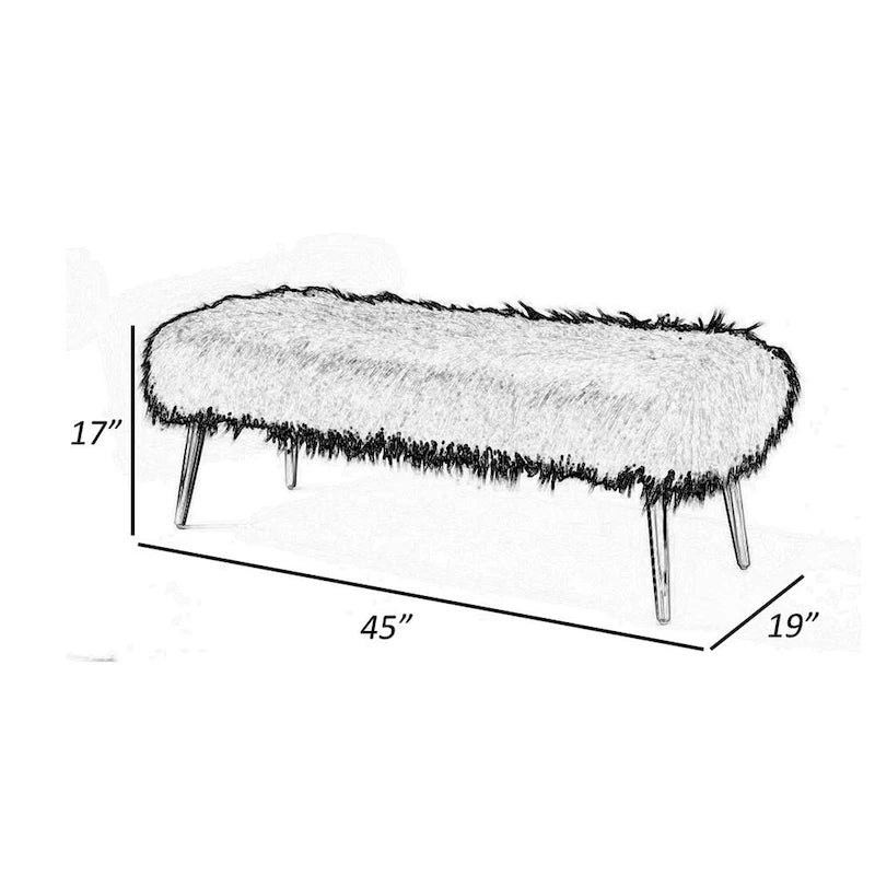 Banc en fausse fourrure blanche de 114 cm avec pieds en métal argenté, 1 place