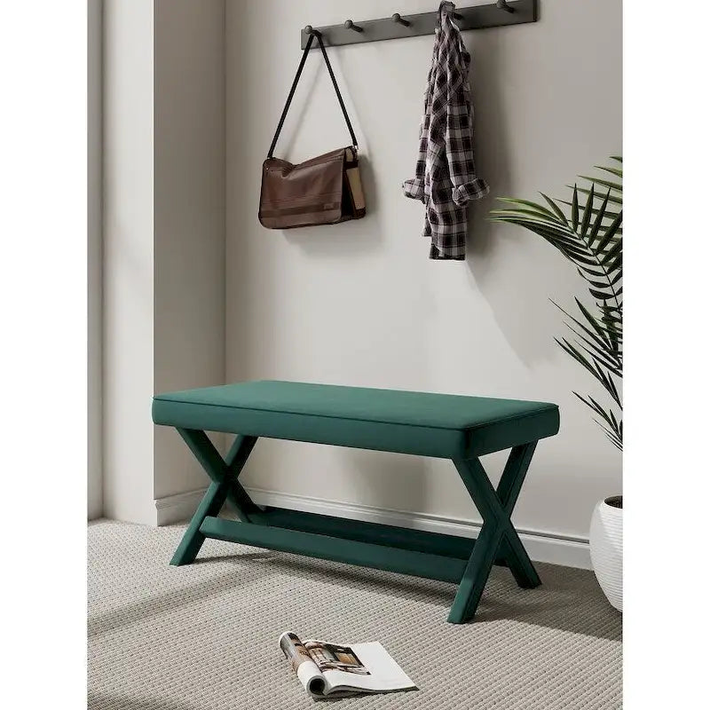 Multi-Color Velvet Upholstered Bench, X-Leg Style, Single Seat