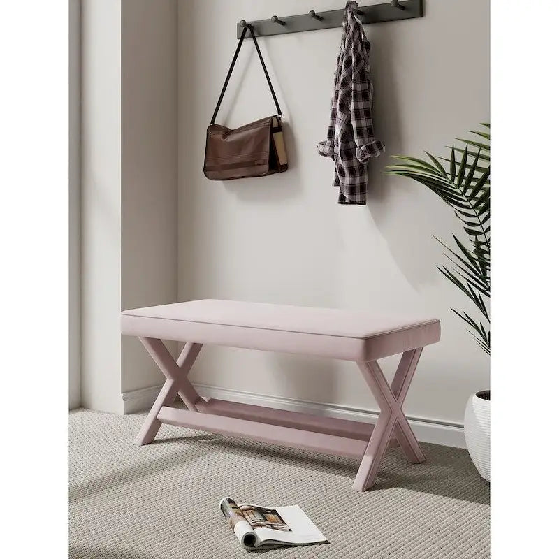 Banc rembourré en velours multicolore, piètement en X, assise individuelle