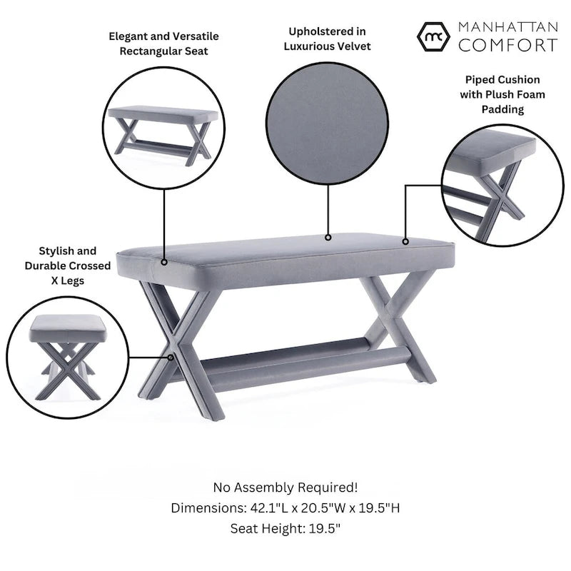 Multi-Color Velvet Upholstered Bench, X-Leg Style, Single Seat
