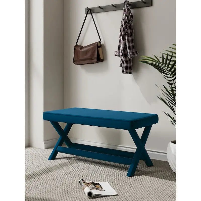 Multi-Color Velvet Upholstered Bench, X-Leg Style, Single Seat