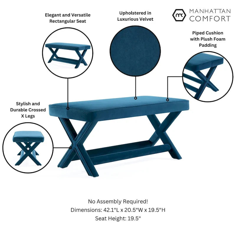 Multi-Color Velvet Upholstered Bench, X-Leg Style, Single Seat