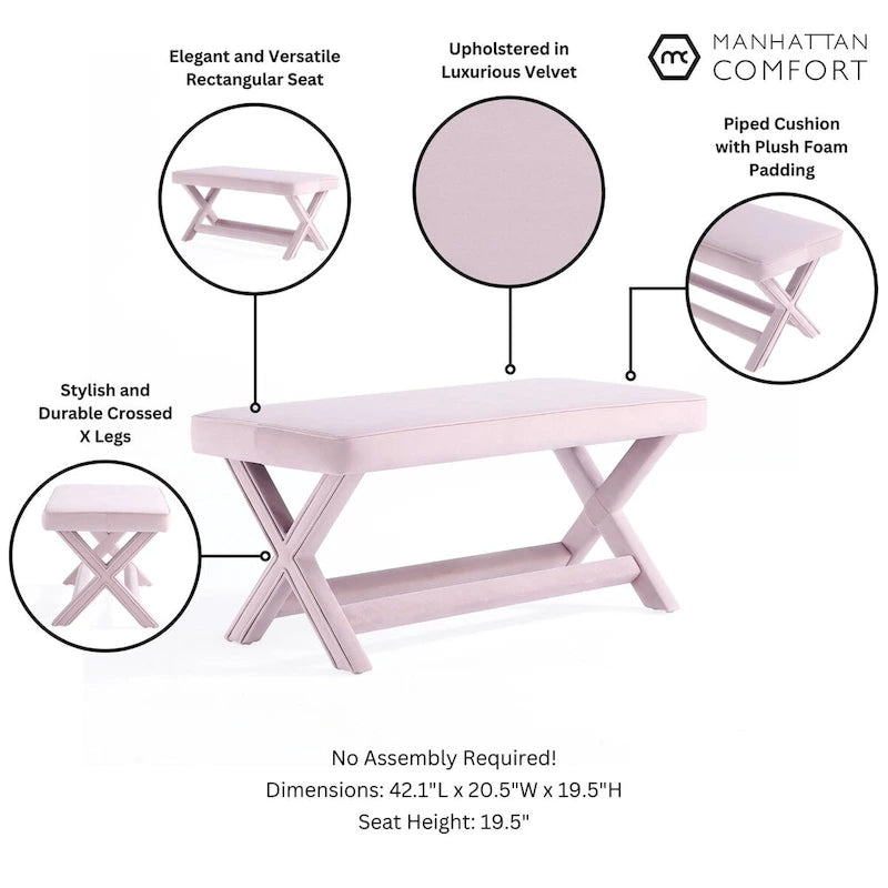 Multi-Color Velvet Upholstered Bench, X-Leg Style, Single Seat