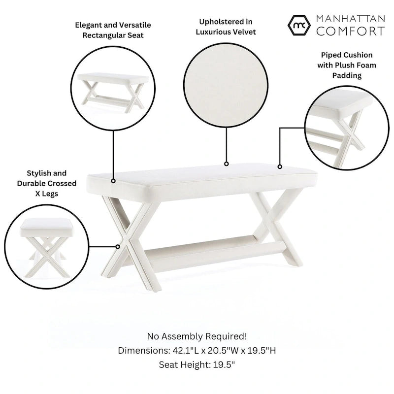 Multi-Color Velvet Upholstered Bench, X-Leg Style, Single Seat