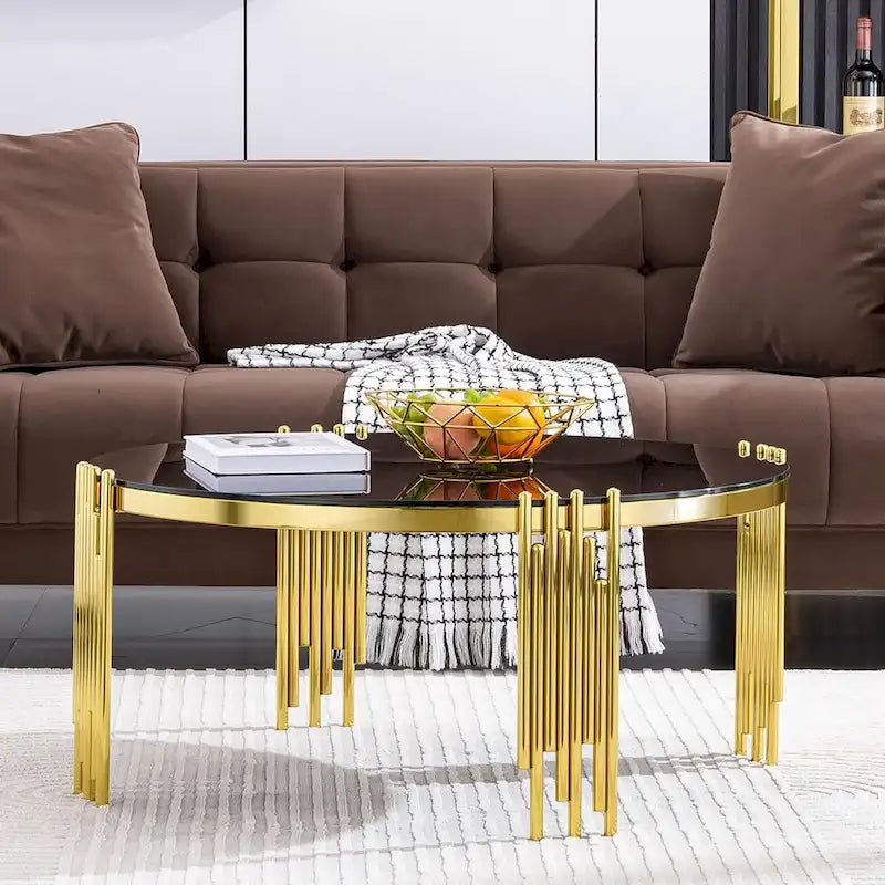 Gold / Silver Round Glass Coffee Table with Metal Legs