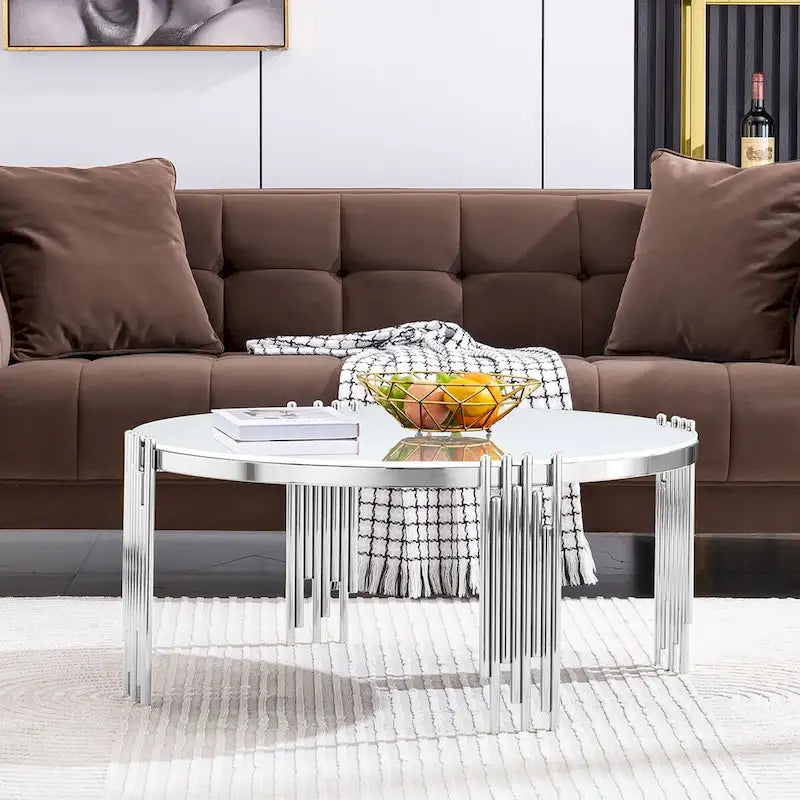 Gold / Silver Round Glass Coffee Table with Metal Legs