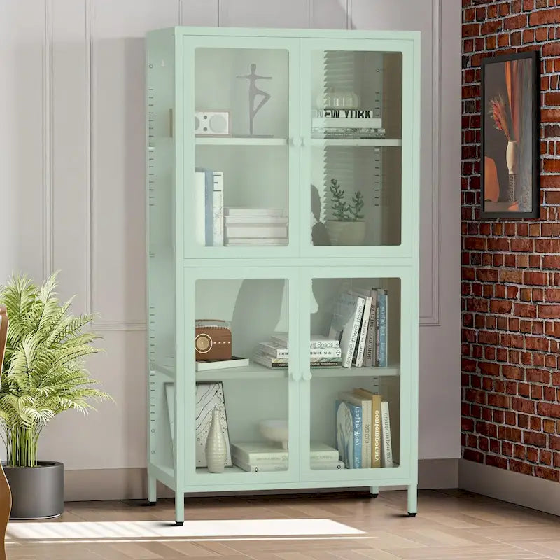 Vitrine de rangement 3 faces en verre trempé, 4 portes, structure métallique – Vert menthe / Bleu / Noir / Blanc