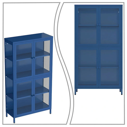 3-Sided Tempered Glass Storage Cabinet, 4-Door, Metal Frame – Mint Green / Blue / Black / White
