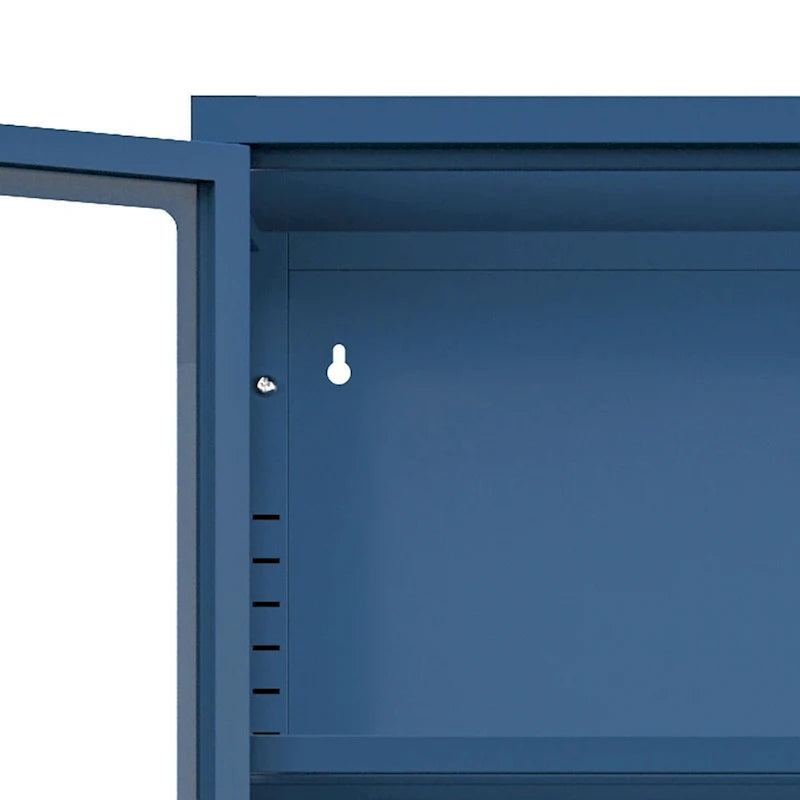 Vitrine de rangement 3 faces en verre trempé, 4 portes, structure métallique – Vert menthe / Bleu / Noir / Blanc