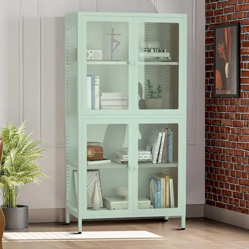 Vitrine de rangement 3 faces en verre trempé, 4 portes, structure métallique – Vert menthe / Bleu / Noir / Blanc
