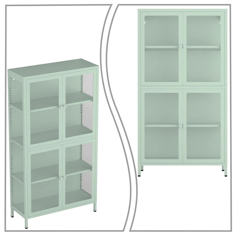 Vitrine de rangement 3 faces en verre trempé, 4 portes, structure métallique – Vert menthe / Bleu / Noir / Blanc